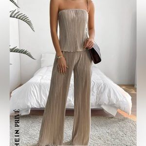 Solid backless tube top and wide leg pants set